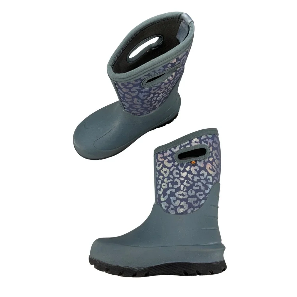 Bogs Neo Classic Gray Silver Metallic Leopard Waterproof Insulated Rain Boots